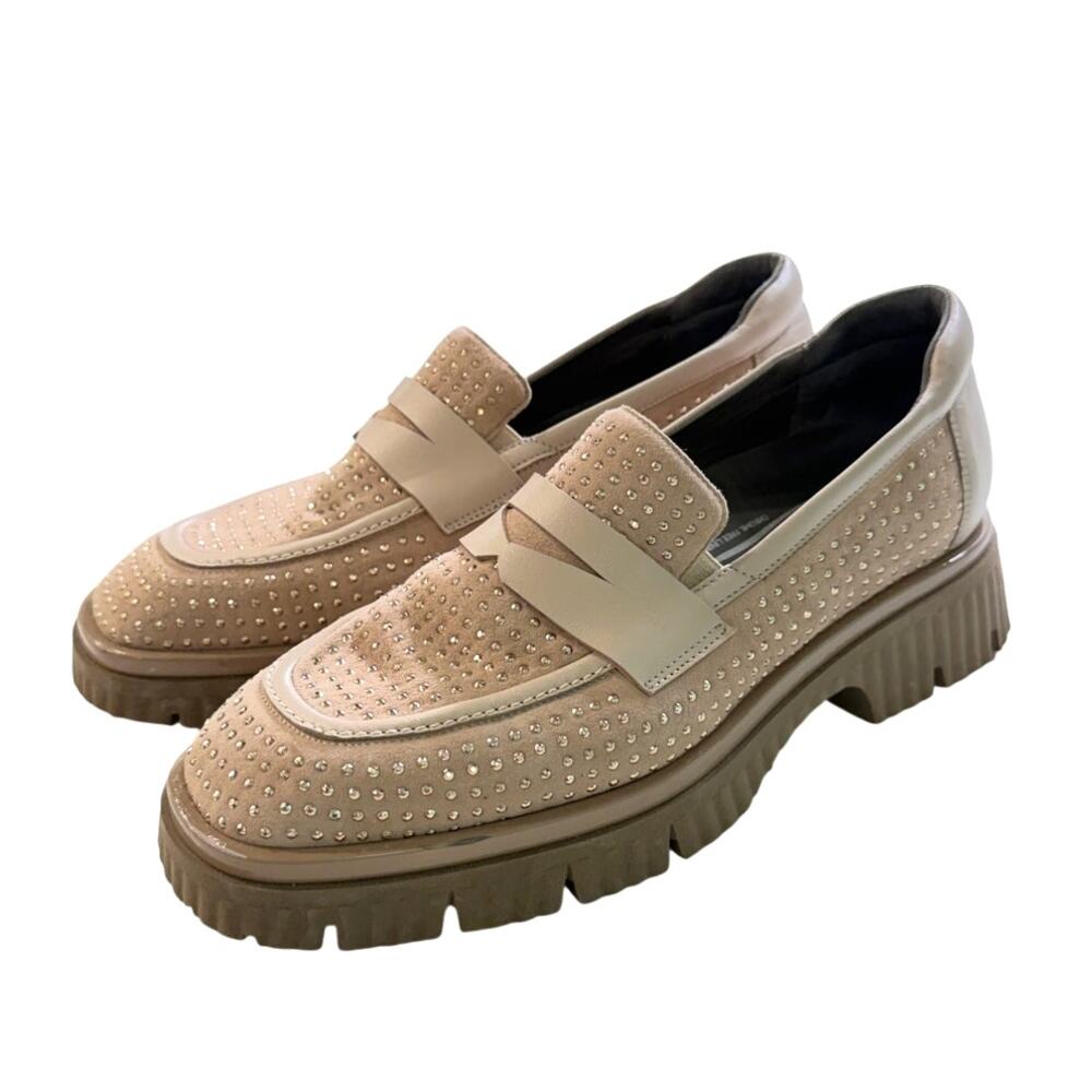 Softwaves Studded Suede Loafers Platform Lug Sole Beige Comfort Shoes EU 40